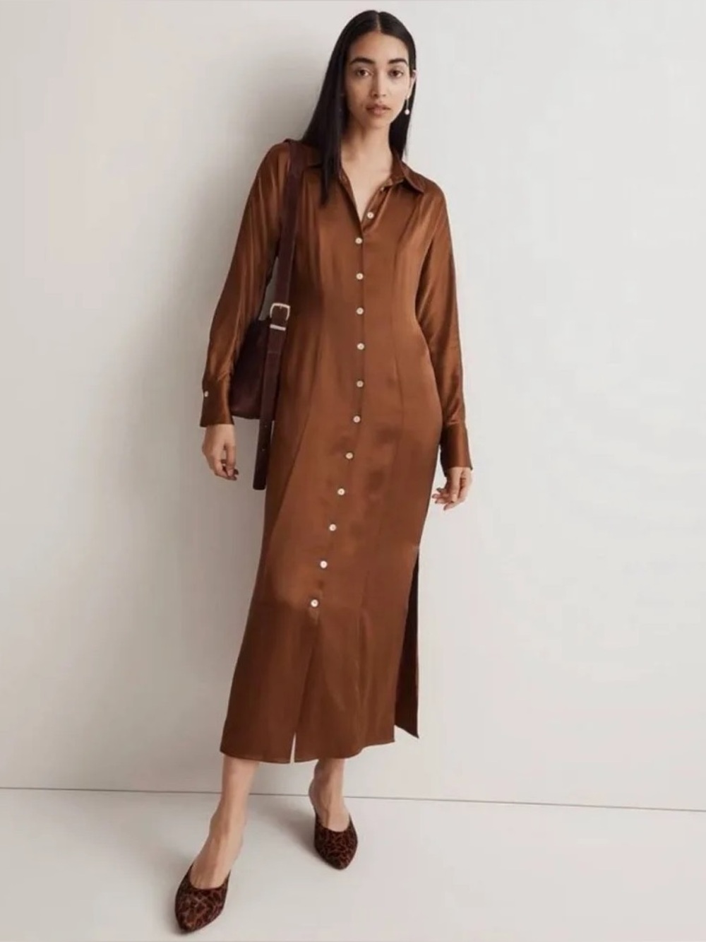 Madewell Satin Midi Brown Button-Down Dress